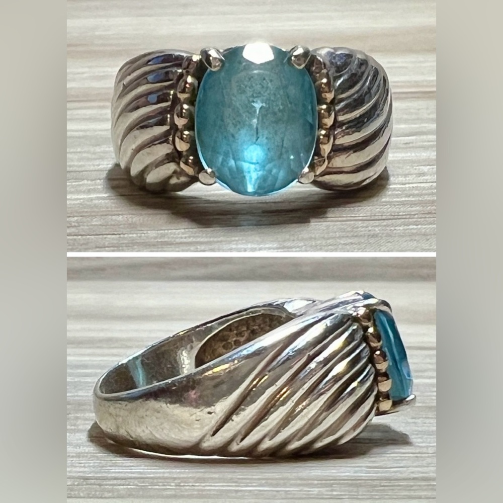 Vintage Clyde Dunier Sterling Silver & 14K Gold Blue Topaz Ring, Size 6.5, 7.3g